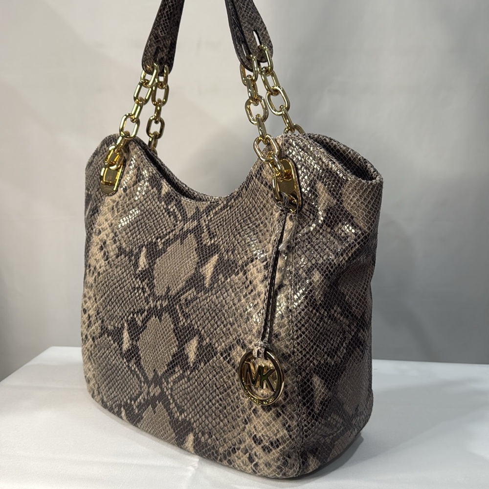 Michael Kors Lilly Chain Python Inspired Leather Jet Set Shoulder Bag-Dark Sand - Picture 6 of 10